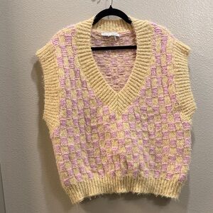 English Factory V-Neck Checkerboard Sweater Vest - Cream and Pink
